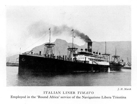 The Timavo was a 7500-ton passenger liner owned by the Italian Loyd Triestino Company.  During World War 2, on the morning of 10 June 1940